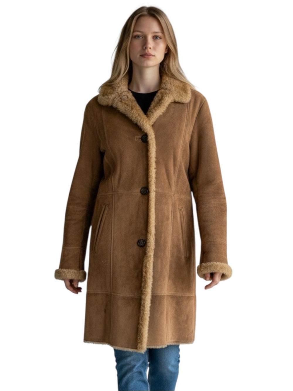 LONDON FOG Vintage 100% Genuine Leather Faux-Shearling Long Coat Size Medium
